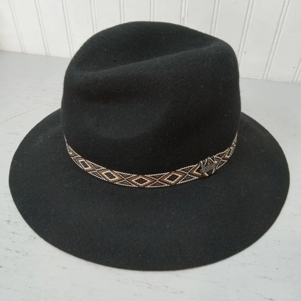 C.C Exclusives 100% Wool Fedora Hat Southwestern Geometric‎ Band Wide Brim Black